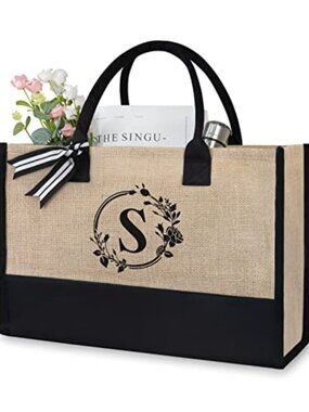 Personalized Initial Jute Canvas Beach Tote Bag Monogrammed Gift for Women